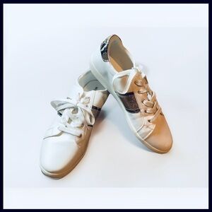 West Loop Size L(9-10) white with gold glitter accent faux leather tennis shoes